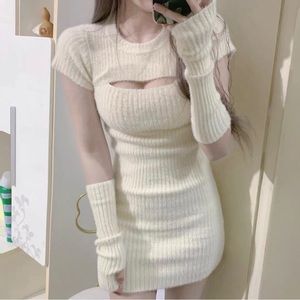 Hollow Dress Sleeve Women Sweater Beige Pure Slim Knit Dress